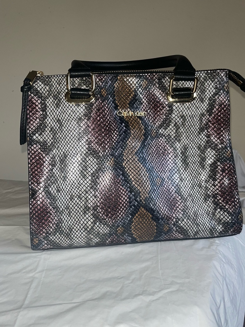 Calvin Klein Snake-Print Satchel in Black, Brown, Pink